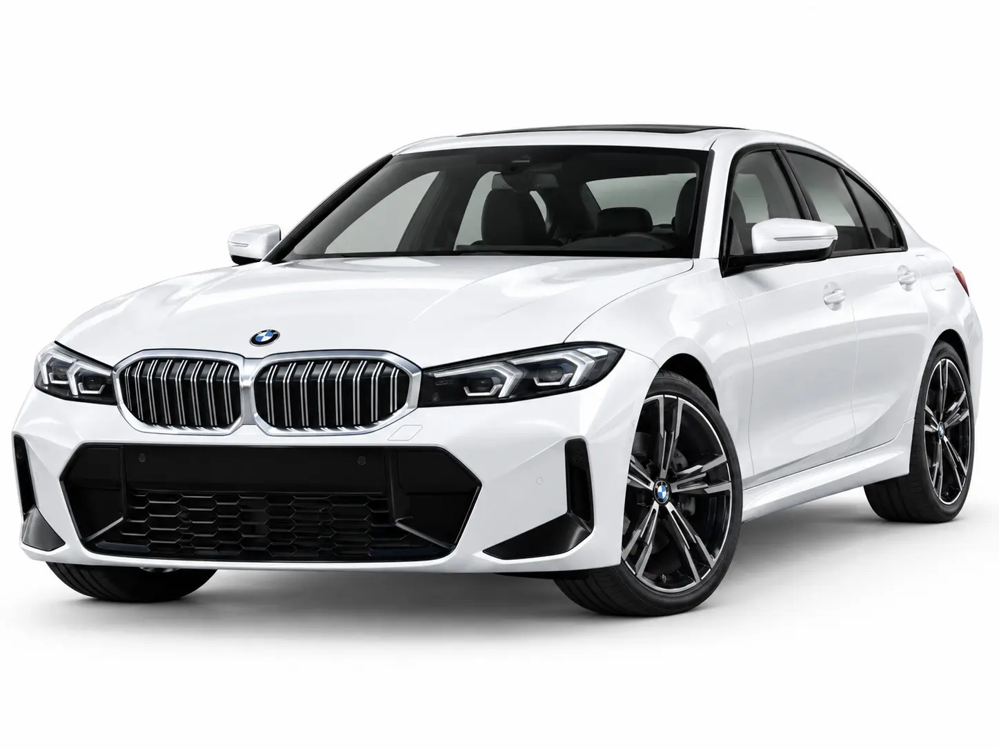 White BMW sedan shown from a front-right angle, highlighting the kidney grille and large lower grille openings.