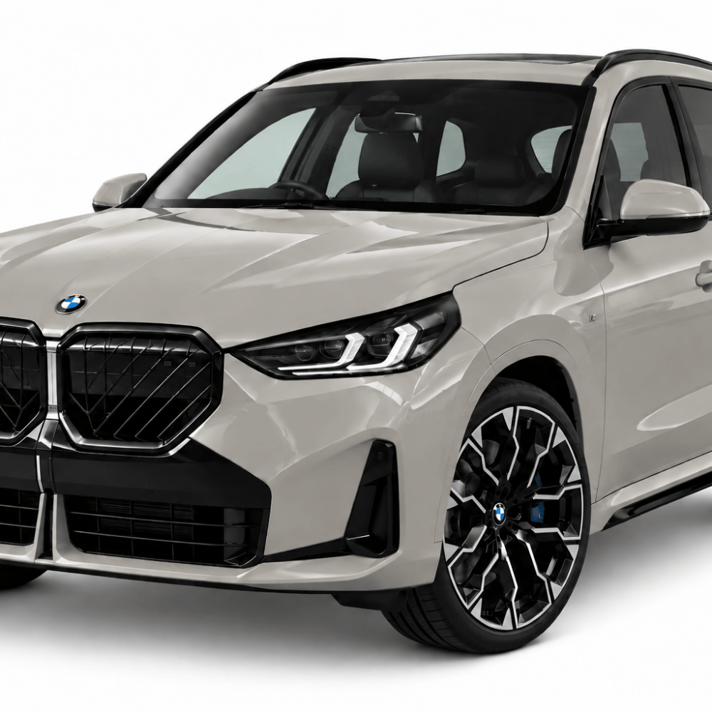 Silver BMW SUV facing left with large kidney grille, sleek LED headlights, and black alloy wheels; modern crossover styling against a white background.