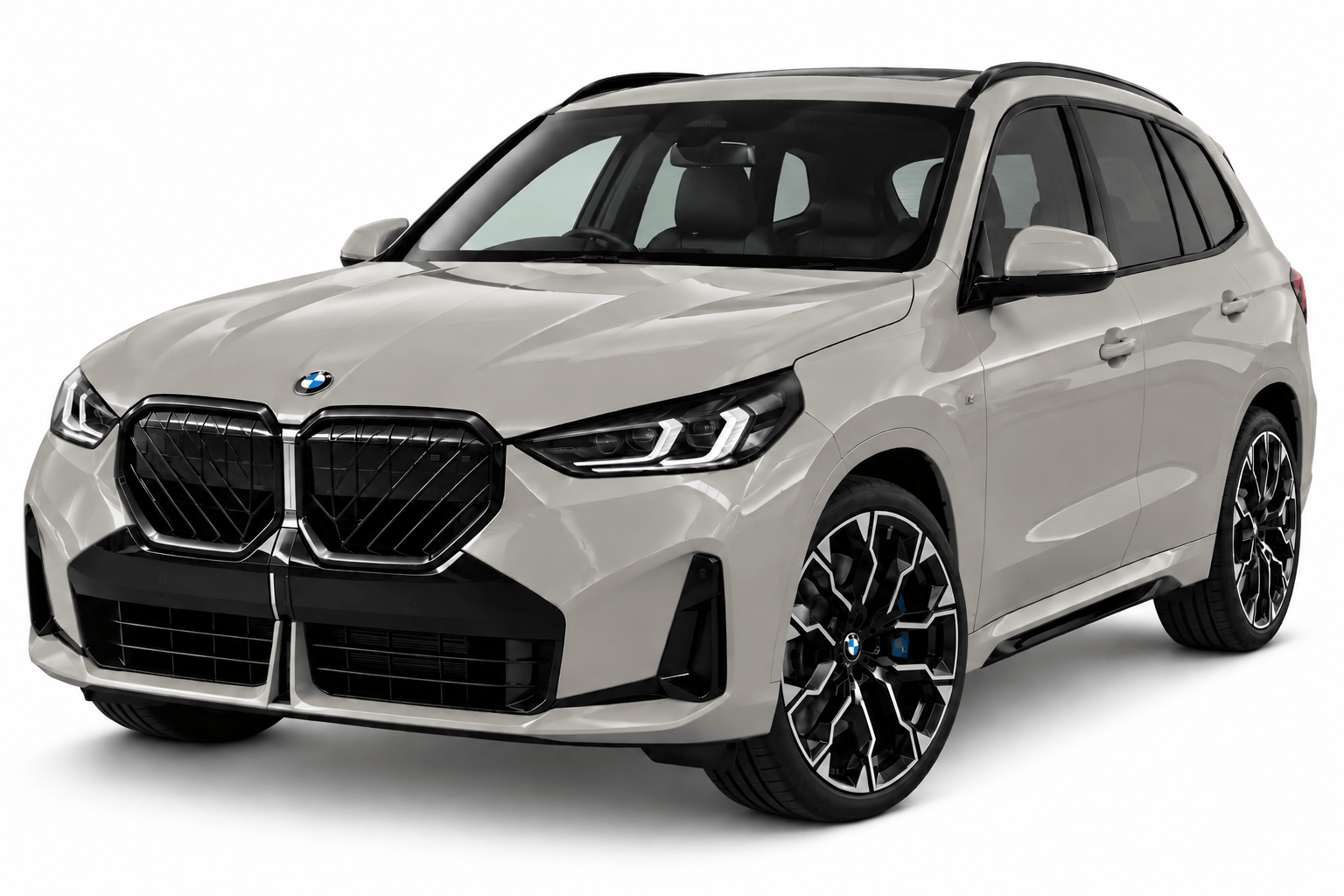 Silver BMW SUV facing left with large kidney grille, sleek LED headlights, and black alloy wheels; modern crossover styling against a white background.